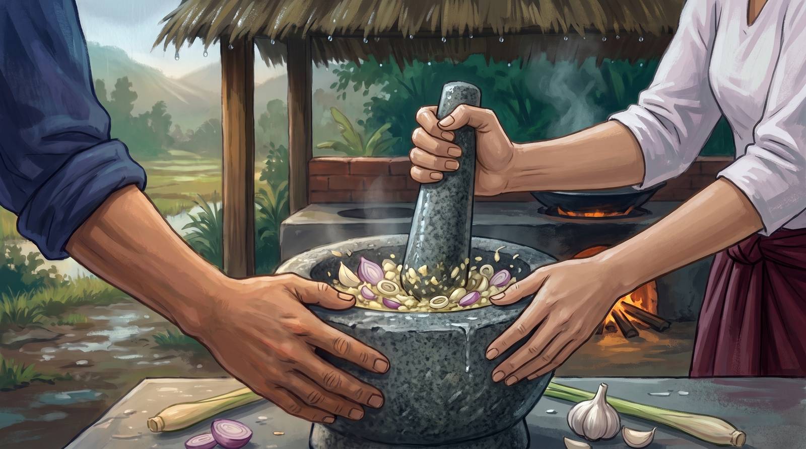 Four hands over a stone mortar