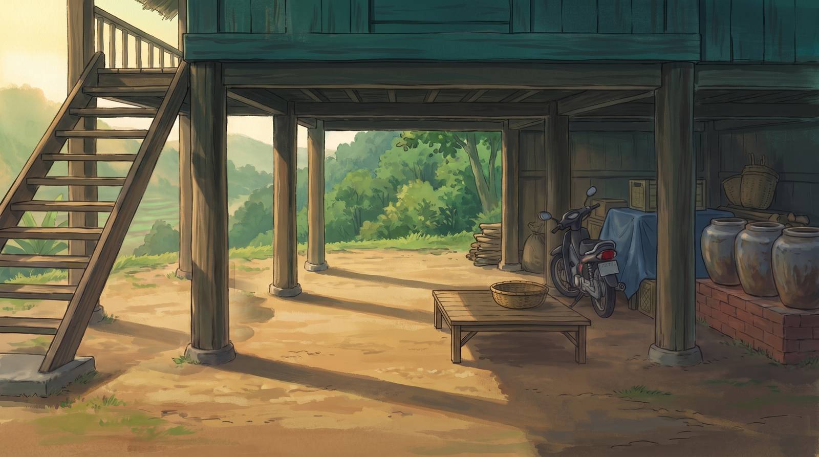 Under the house: stairs, motorbike, water jars
